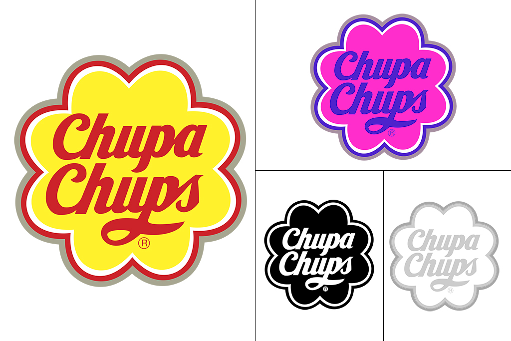 ejemplo de la variabilidad de colores y tamaños para el logo de chupa chups