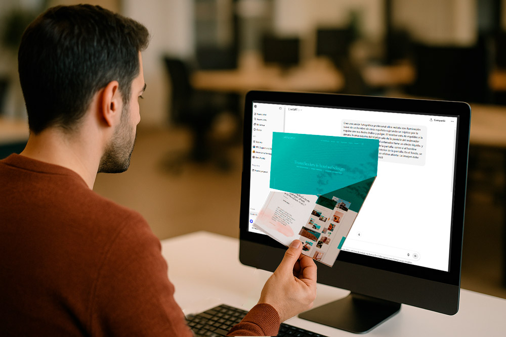 hombre sacando triptico de ordenador, inteligencia artificial en la publicidad