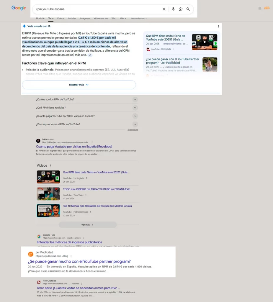 Ejemplo de posicionamiento en el motor de busqueda Google. IA snippet y posición de Jer Publicidad resaltadas