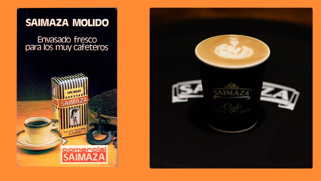 Ejemplo de cómo captaban clientes los anuncios antaño, a la izquierda un anucio de revista del café Saimaza; a la derecha un vaso con el café Saimaza con su crema y un fondo elegante.